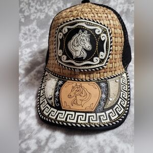 Western Cowboy Hat Horse Design Woven Cap - Black and Tan.